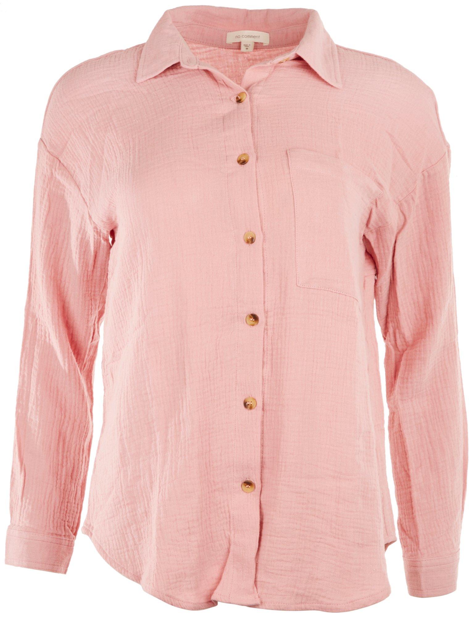 Juniors Classic Solid Button Down Long Sleeve Top