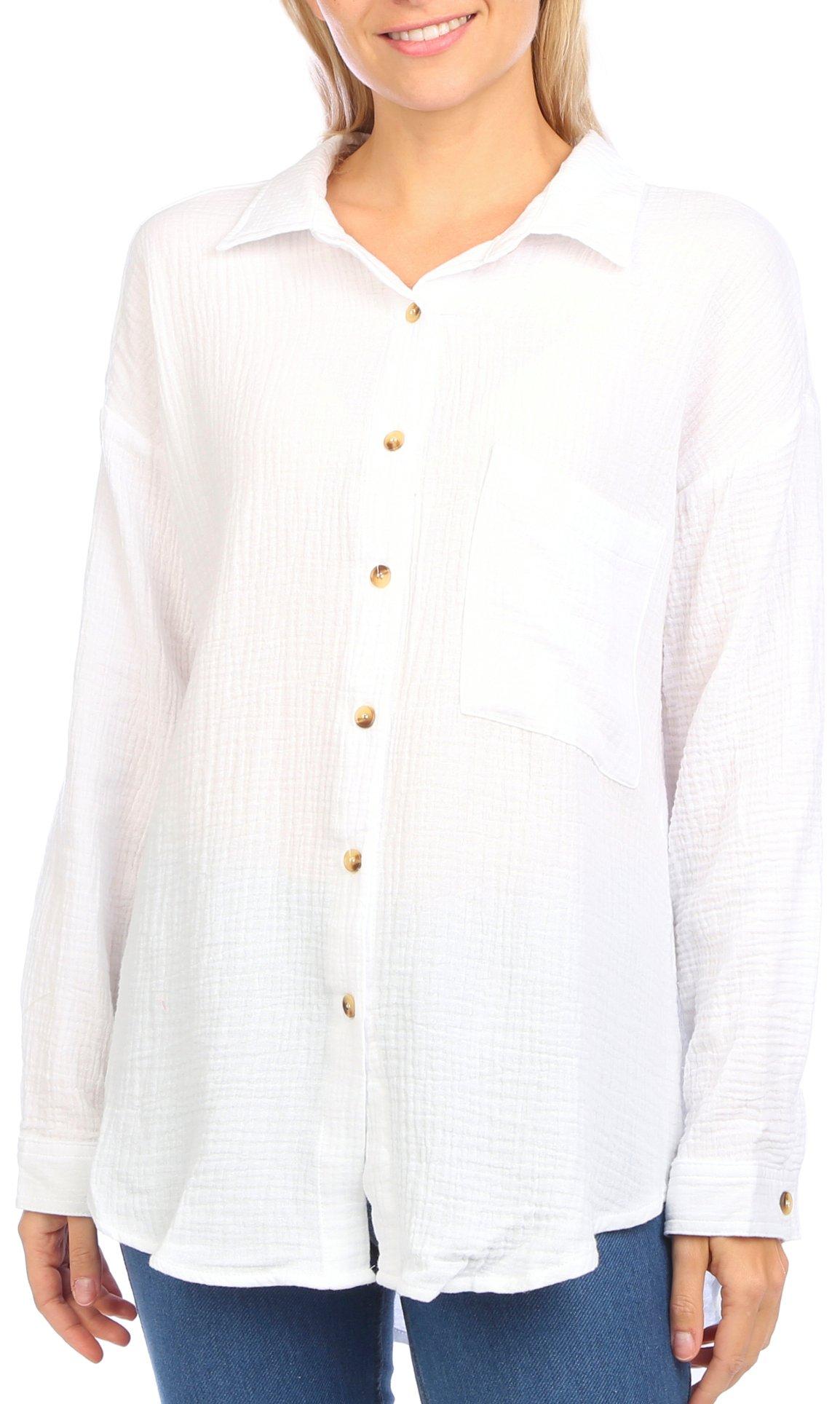Juniors Solid Oversized Button Down Long Sleeve Top
