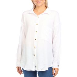 Juniors Solid Oversized Button Down Long Sleeve Top