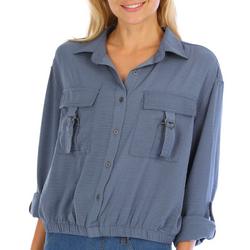 Juniors Solid Button Down Utility Pocket Top