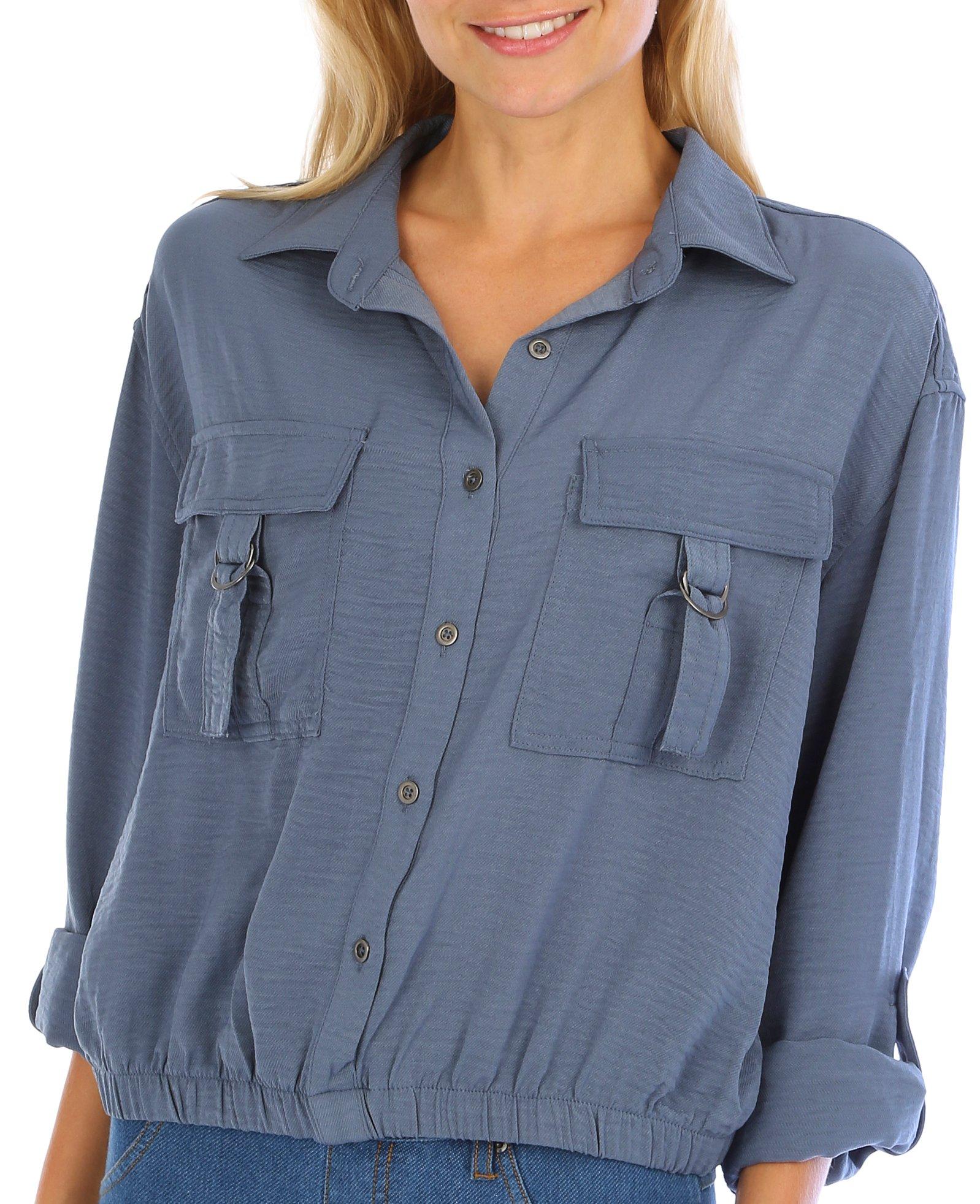 Juniors Solid Button Down Utility Pocket Top