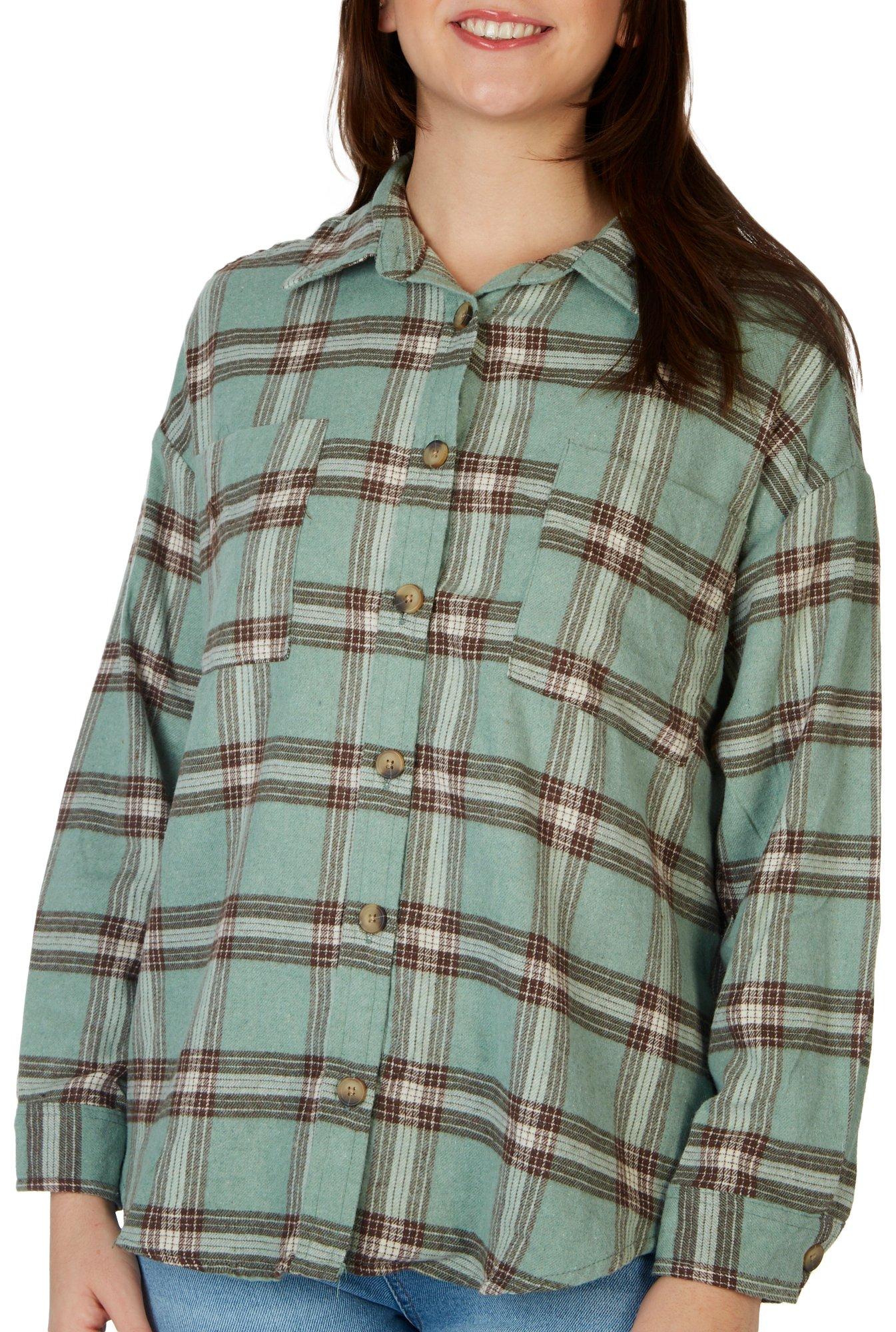 No Comment Juniors Two Pocket Oversized Plaid Shacket Top