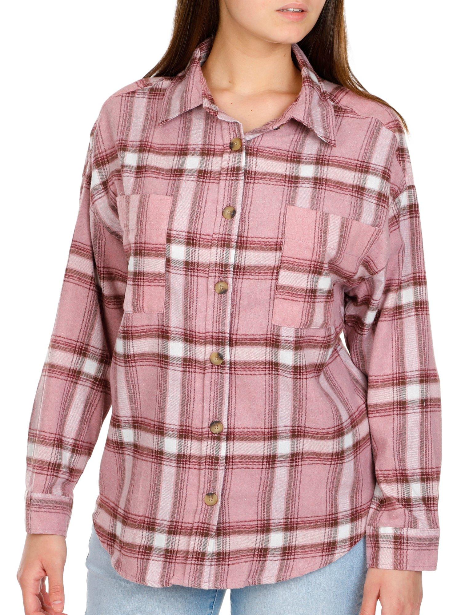 No Comment Juniors Ginny Plaid Woven Long Sleeve Top
