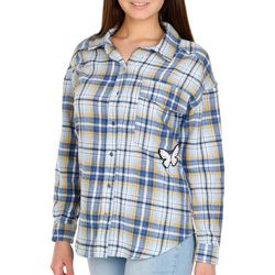 No Comment Juniors Butterfly Plaid Woven Long Sleeve Top