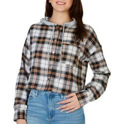 No Comment Juniors Cropped Plaid Long Sleeve Hoodie