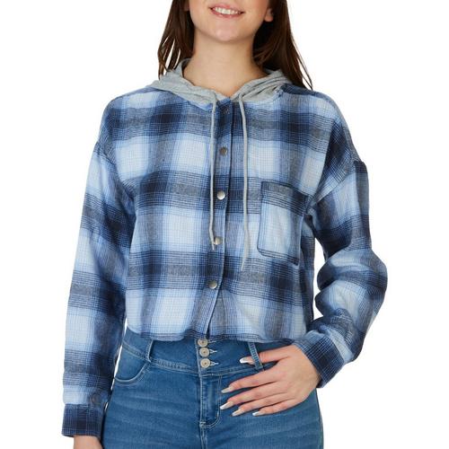 No Comment Juniors Hooded Plaid Cropped Long Sleeve