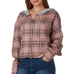 No Comment Juniors Plaid Snap Long Sleeve Hoodie