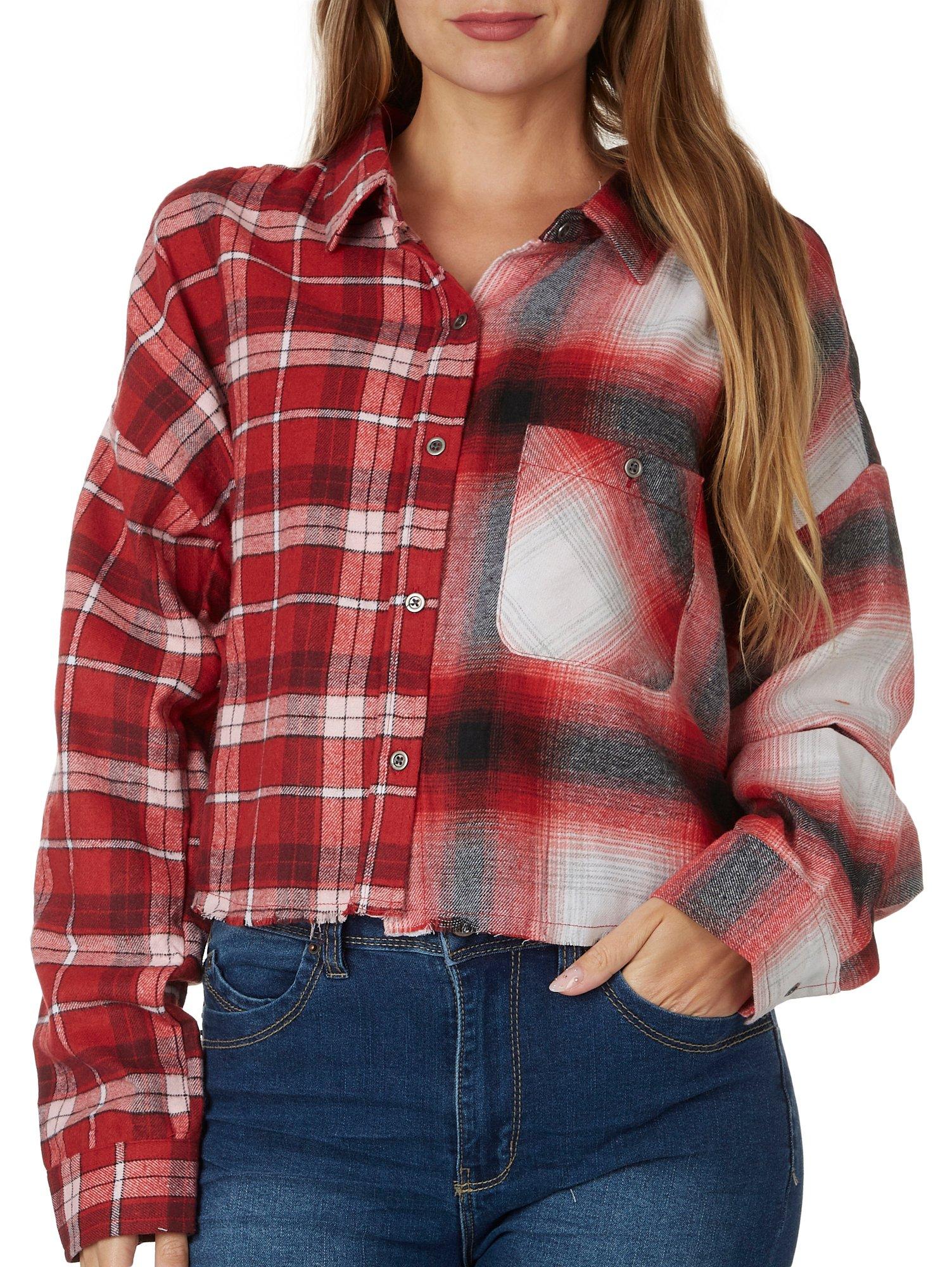 No Comment Juniors Split Plaid Cropped Long Sleeve Top