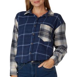 No Comment Juniors Mixed Plaid Cropped Long Sleeve Top