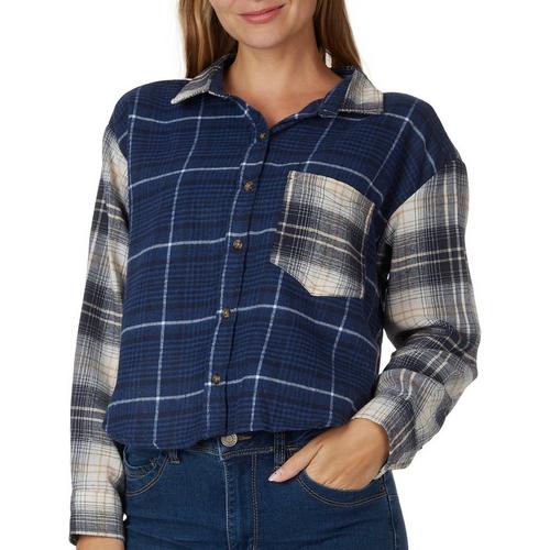No Comment Juniors Mixed Plaid Cropped Long Sleeve