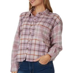 No Comment Juniors Woven Mixed Plaid Cropped Long Sleeve Top