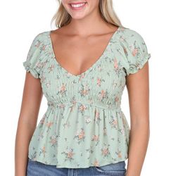 No Comment Juniors Floral Smocked V Neck Puff Sleeve Top