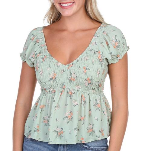 No Comment Juniors Floral Smocked V Neck Puff