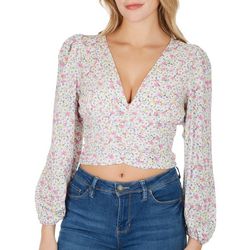 Almost Famous Juniors Floral V Neck Ruched Long Sleeve Top