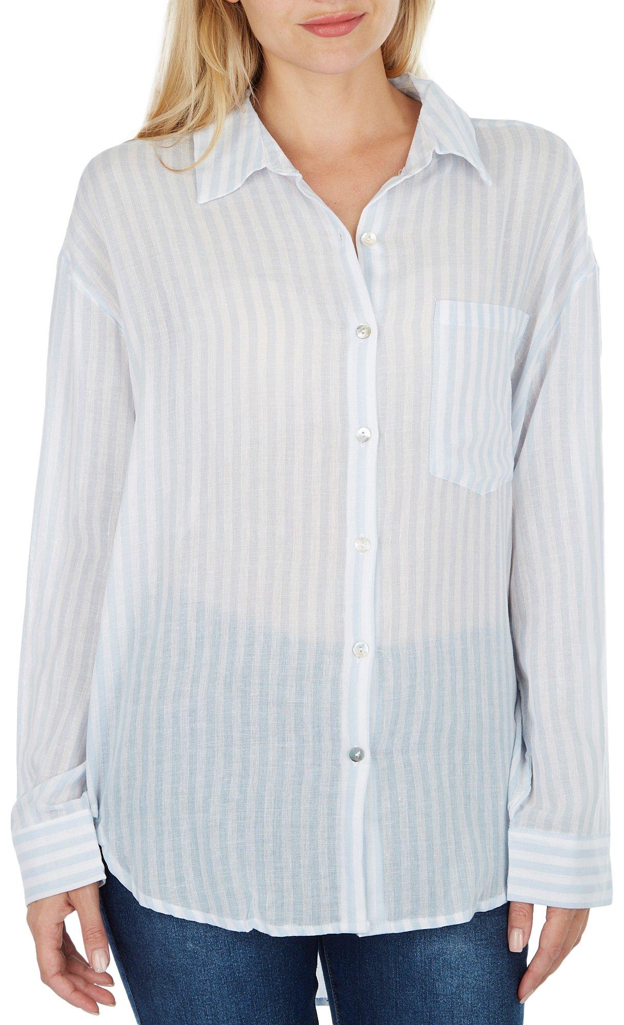 Juniors Striped Button Down Collared Long Sleeve Top