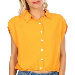 Juniors Solid Double Pocket Button Down Short Sleeve Top