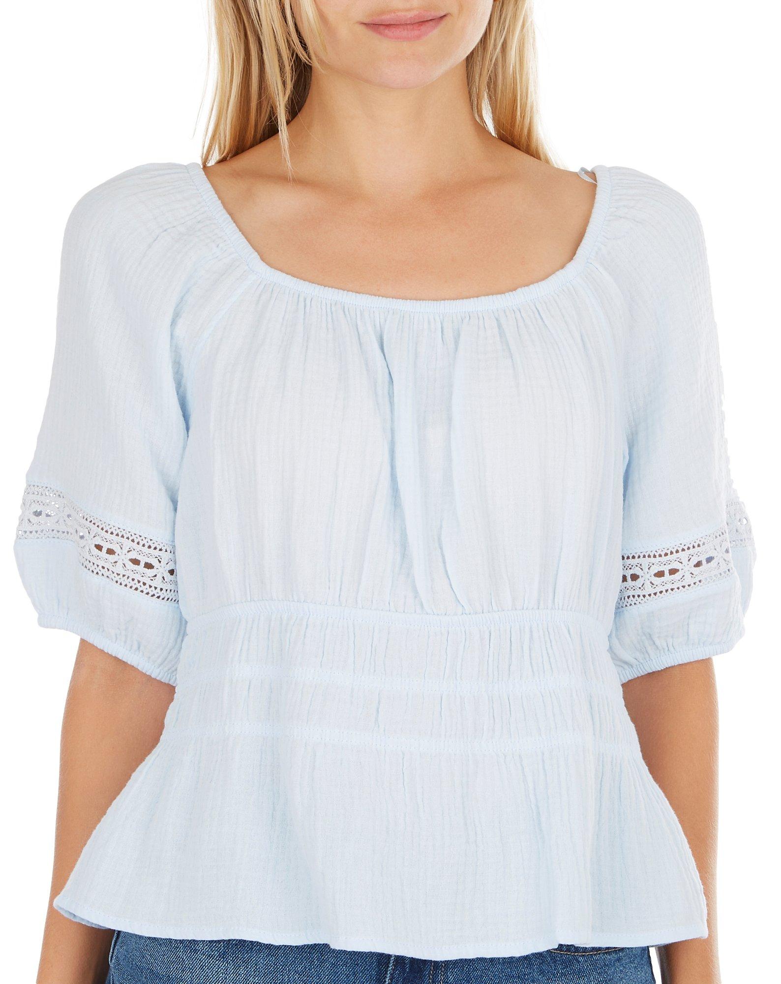 Juniors Solid Gauze Peplum 3/4 Sleeve Top