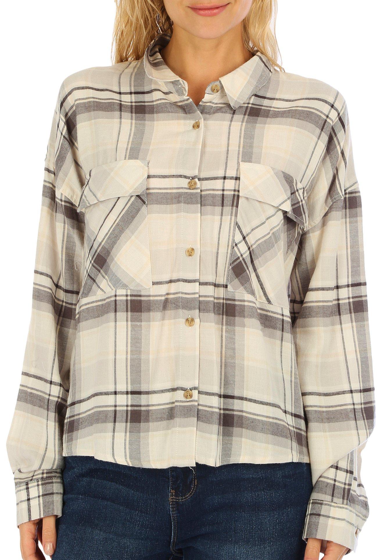 Juniors Crop Plaid  Long Sleeve Flannel Top