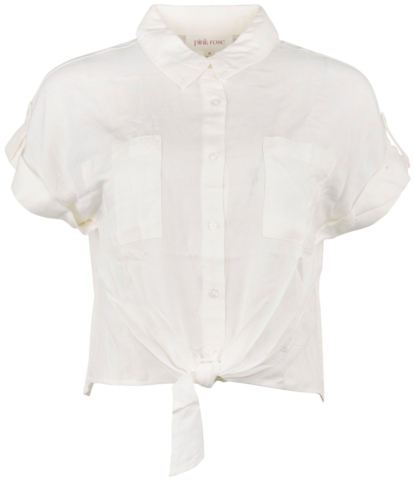 Juniors Solid Button Down Short Sleeve Top