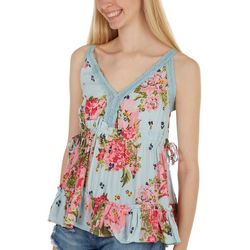 Angie Juniors Floral Lace Trim Shirred Sleeveless Top