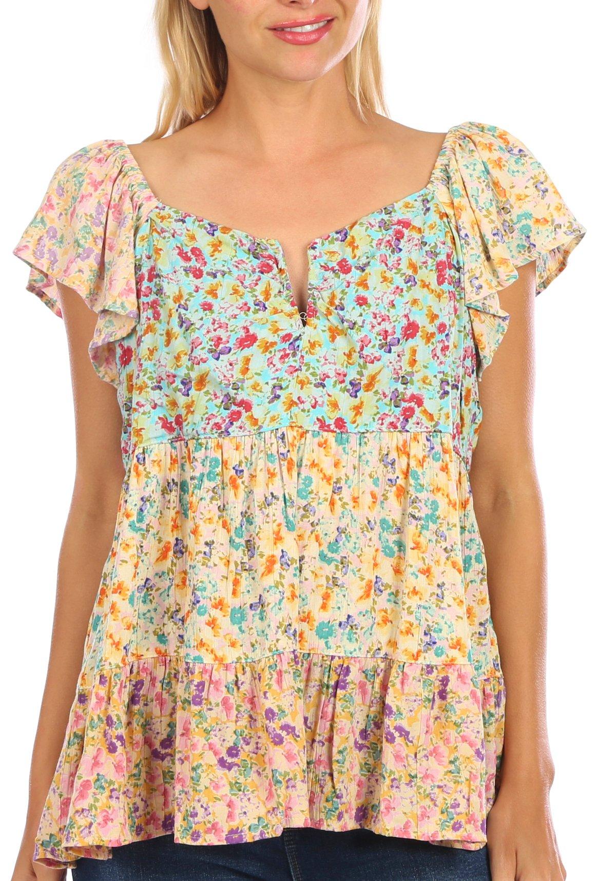 Angie Juniors Short Sleeve Floral Colorblocked Top