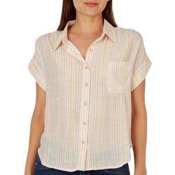 Mine Juniors Striped Button Front Collared Short Sleeve Top
