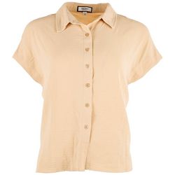 Juniors Solid Button Down Cap Sleeve Top
