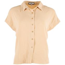 Juniors Solid Button Down Cap Sleeve Top