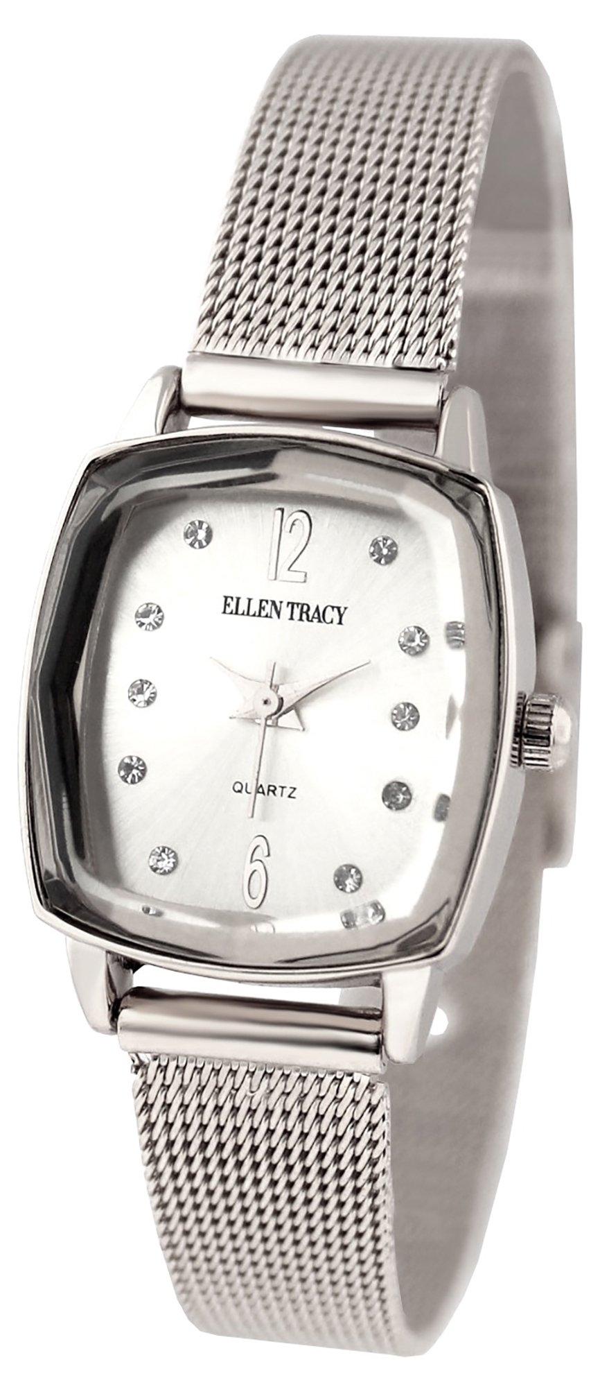 Ellen Tracy Womens Silver Tone Rectangle Face Bracelet Watch