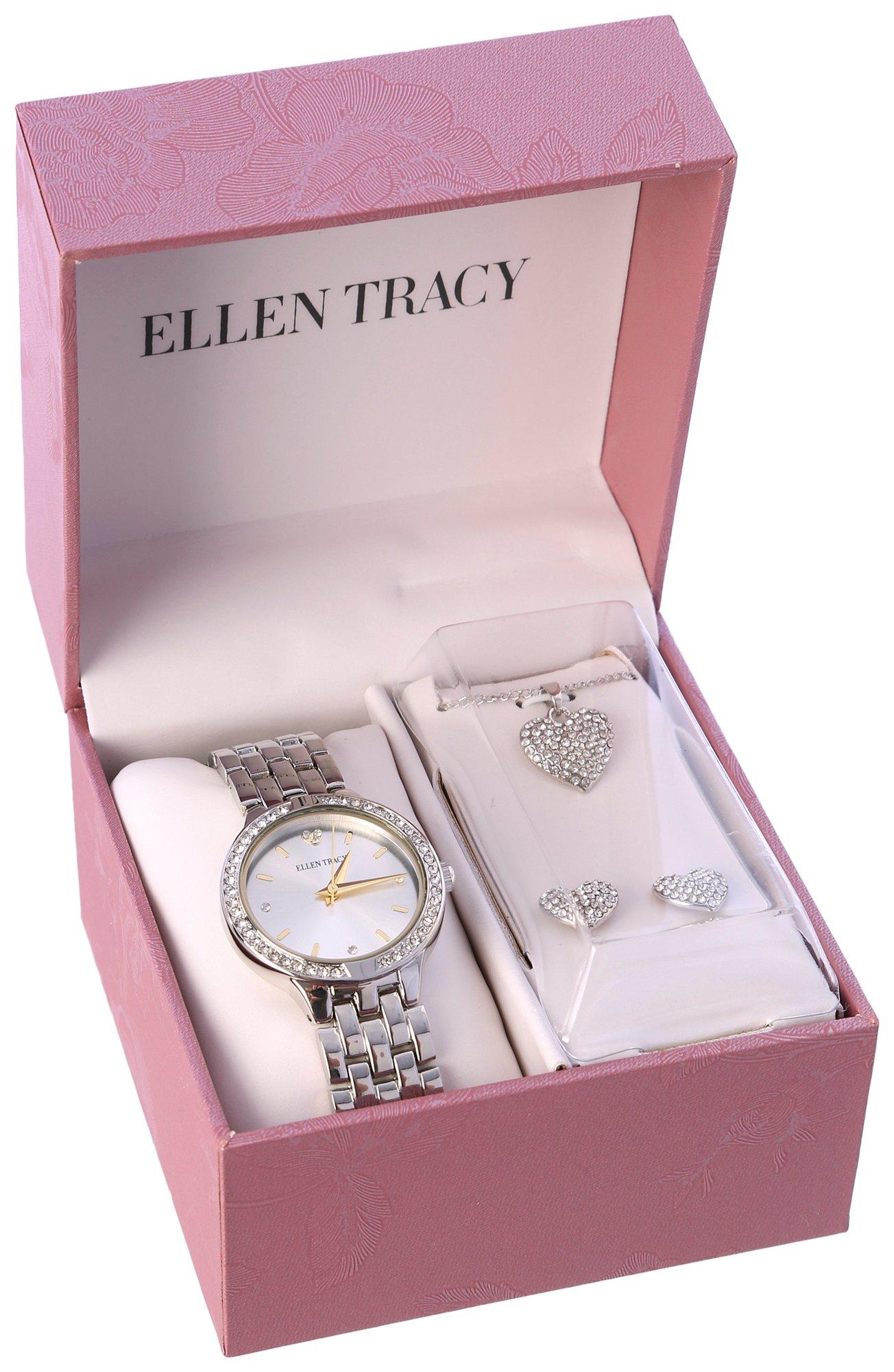 Ellen Tracy 3-Pc. Pave Watch Heart Necklace & Earring Set