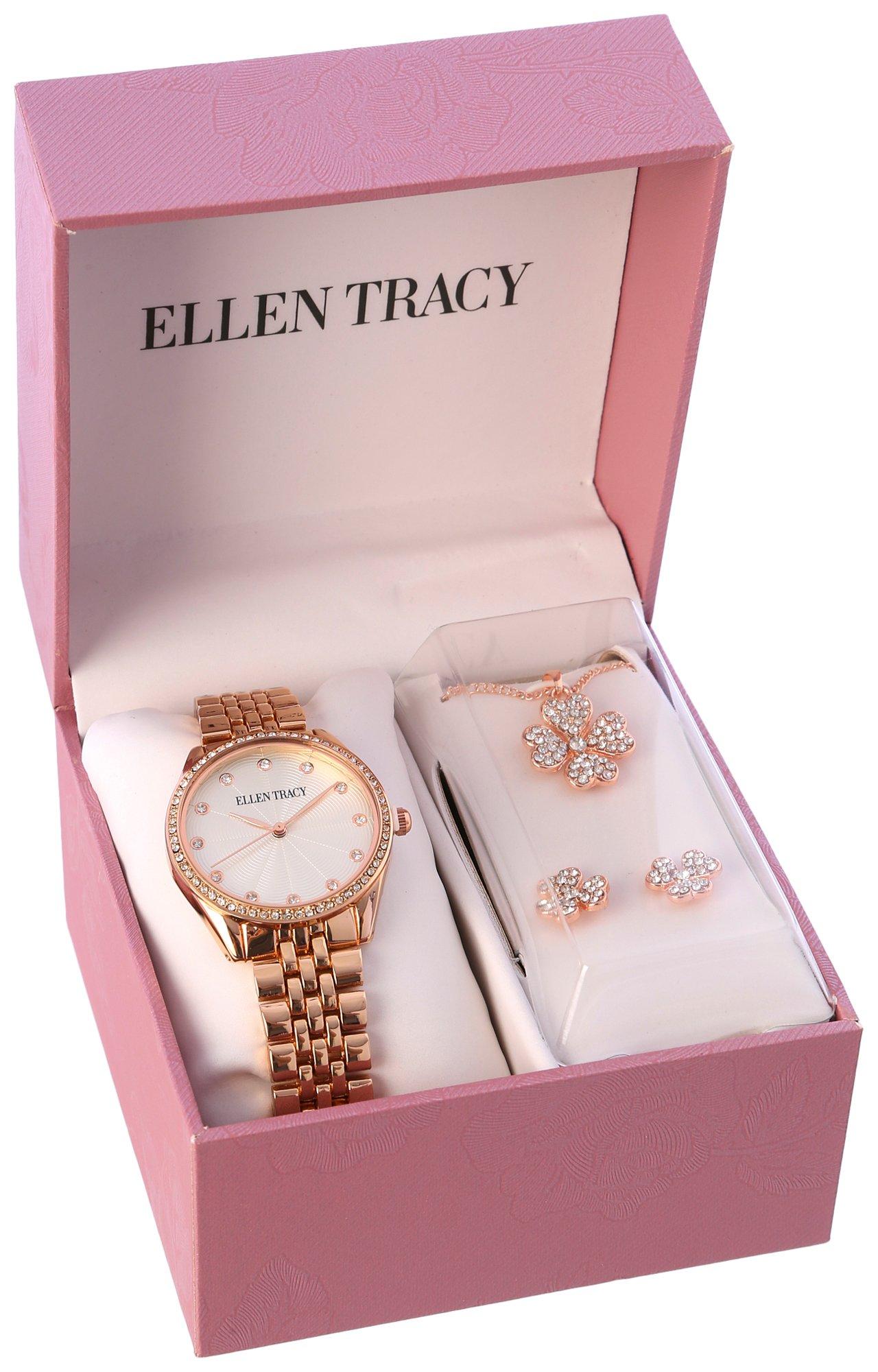 Ellen Tracy 3-Pc. Pave Watch Clover Necklace & Earring Set