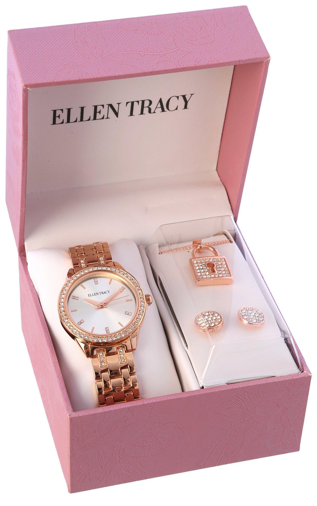Ellen Tracy 3-Pc. Pave Watch Padlock Necklace & Earring Set