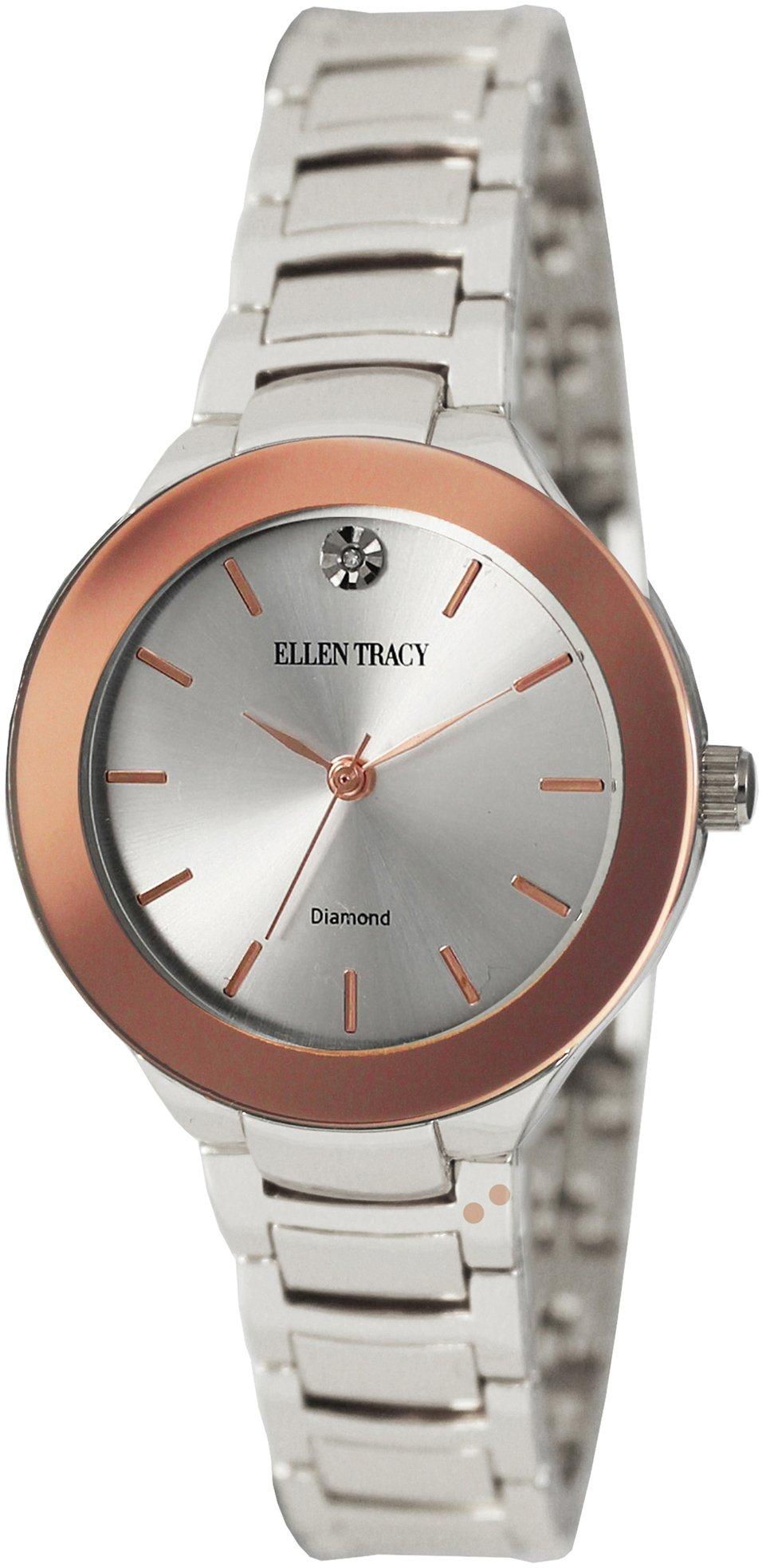 Ellen Tracy Womens Silvertone Diamond Bezel Bracelet Watch