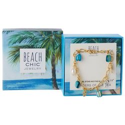 Beach Chic Faux Pearl Dolphin Palm Charms Chain Bracelet