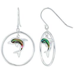 Beach Chic Dolphin Circle Abalone Silver Tone Earrings