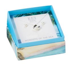 Beach Chic 2 Pc Shell Faux Pearl Necklace Stud Earrings Set