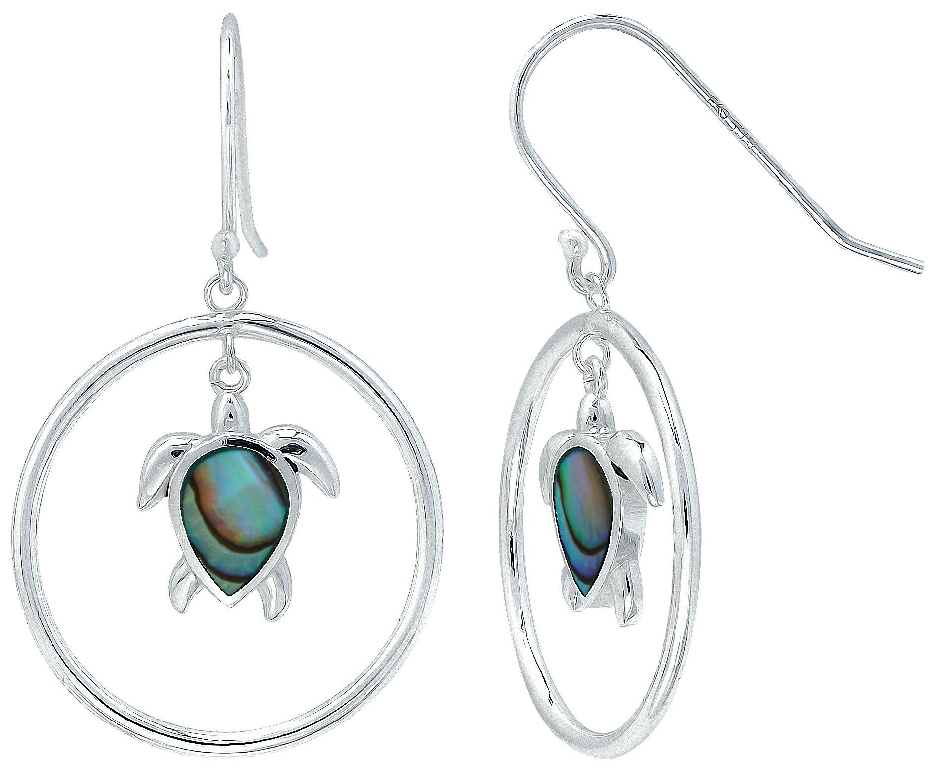 Turtle Circle Abalone Silver Tone Earrings