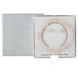 Genuine Stone 2-Pc. Rose Quartz Bead Heart Bracelet Stud Set