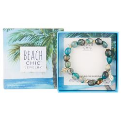 Beach Chic Turqiose Glass Bead Shell Charm Stretch Bracelet