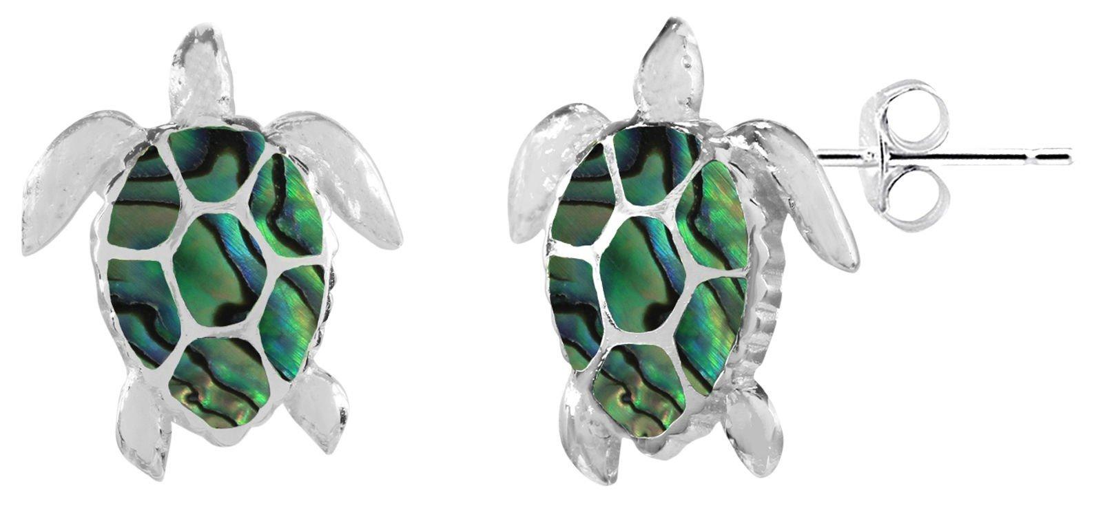 Beach Chic Silver Plated Sea Turtle Abalone Earrings