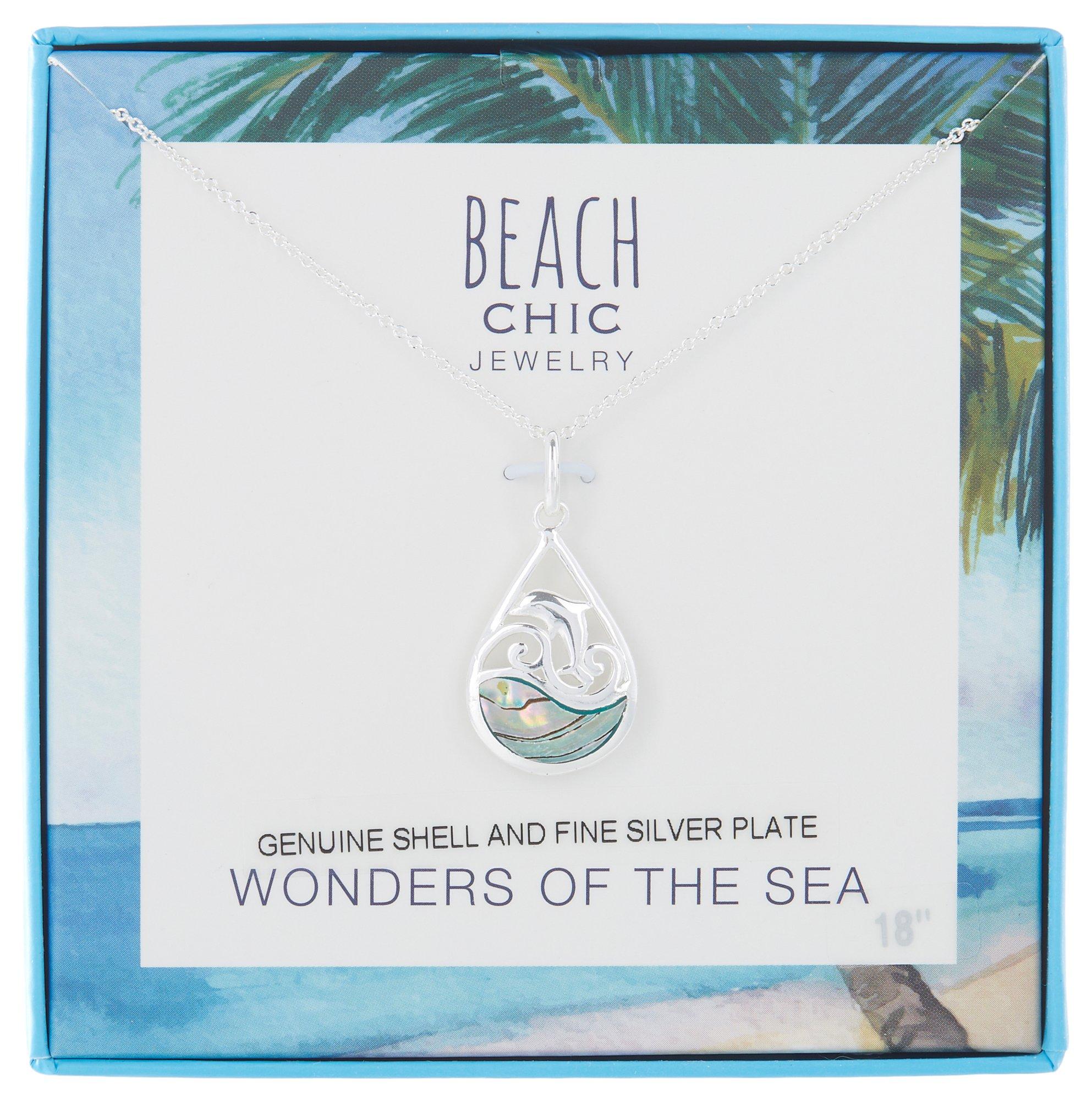 Beach Chic Dolphin Abalone Teardrop Silver Plated Necklace
