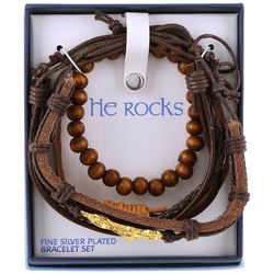 He Rocks Mens 4-Pc. Leather Wood Bead Bracelet Set