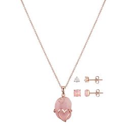 Genuine Stone 16 In. Rose Quartz Necklace & 2 Pr.Earring Set
