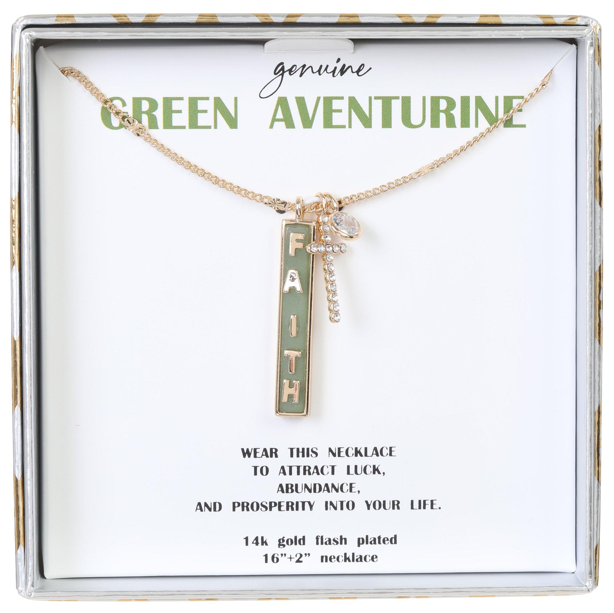 Genuine Stone 16 In. Aventurine Faith Bar Chain Necklace