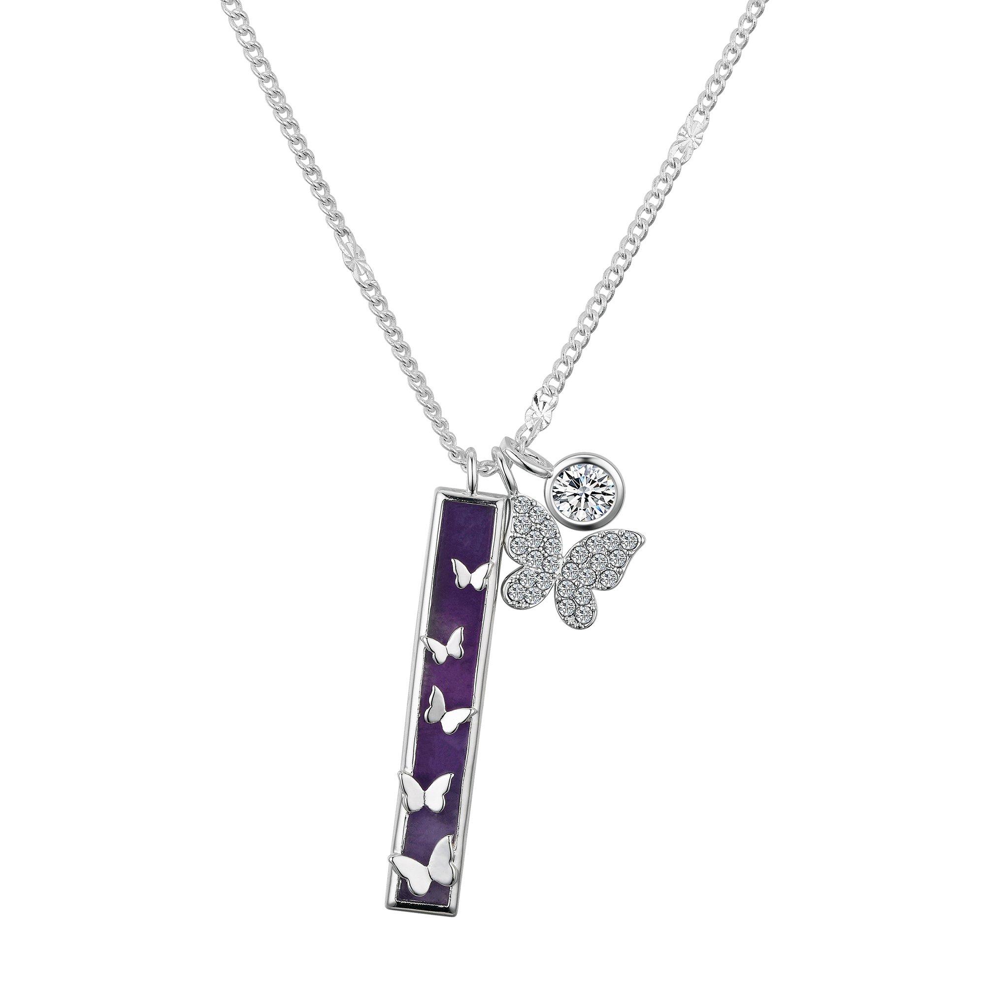Genuine Stone 16 In. Amethyst Butterfly Bar Chain Necklace