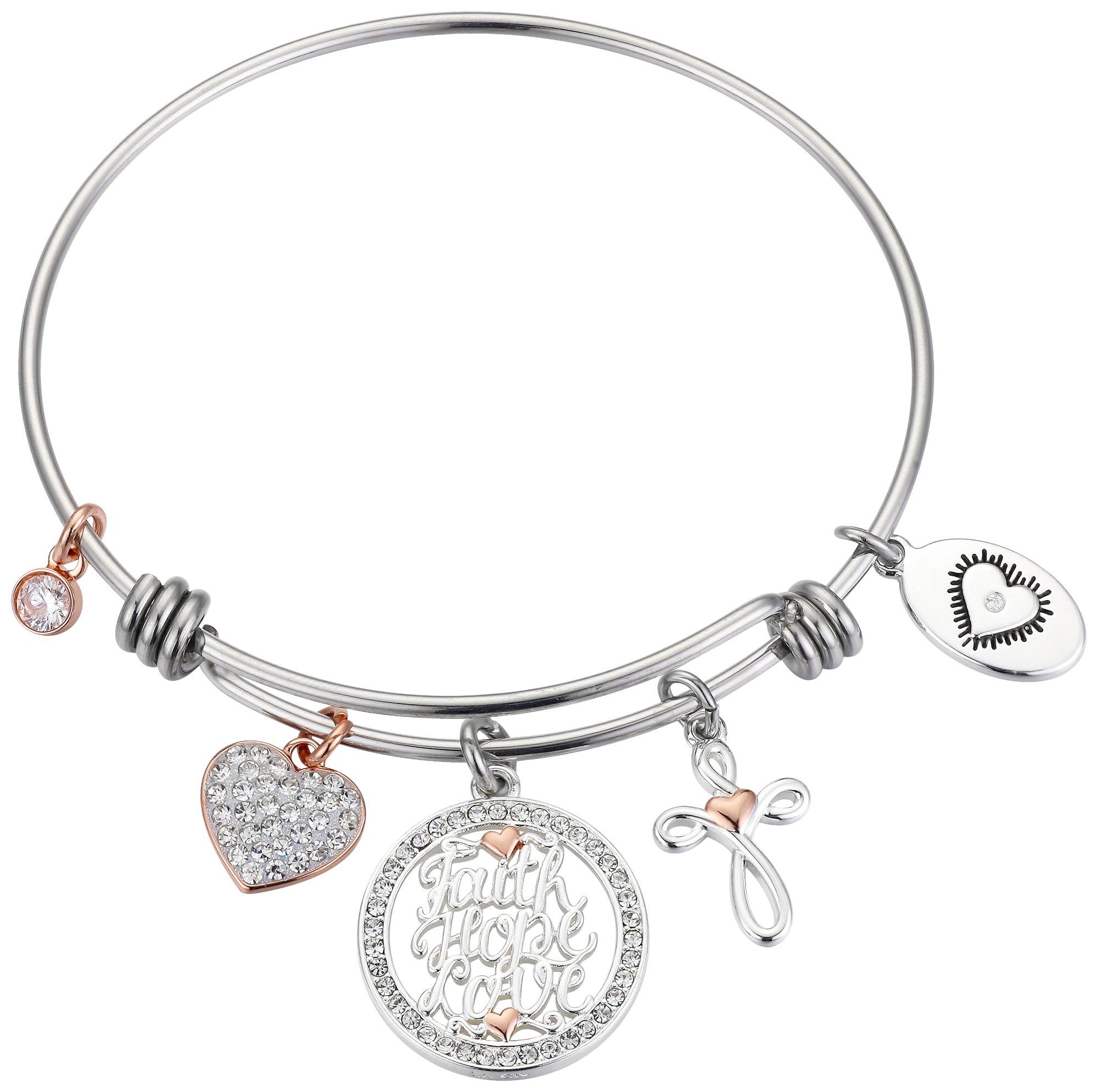 Footnotes Faith Hope Love Expandable Charm Bangle Bracelet
