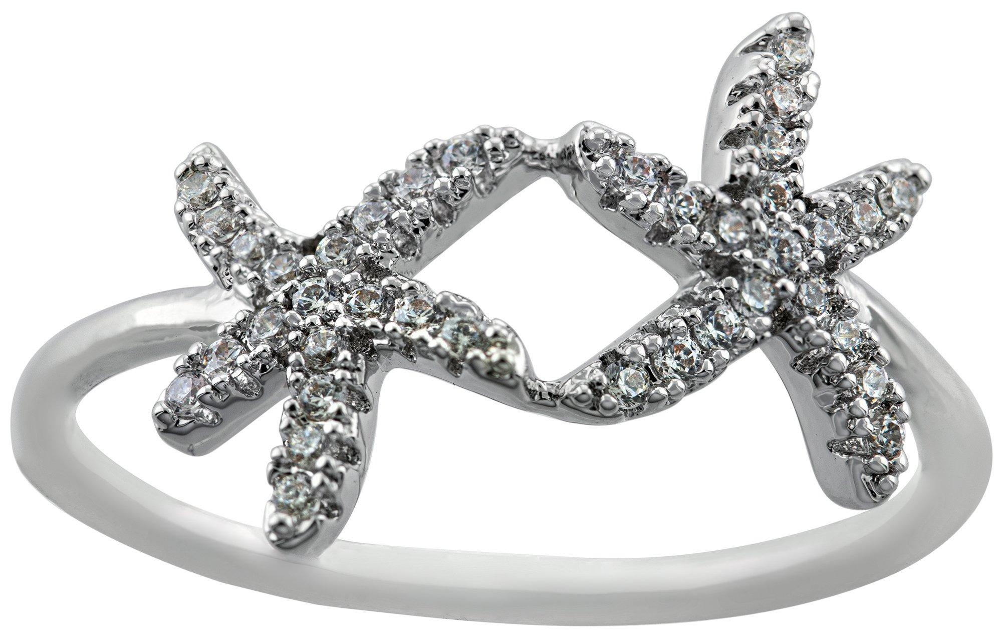 Ocean Treasures Double Pave Starfish Silver-Plate Boxed Ring