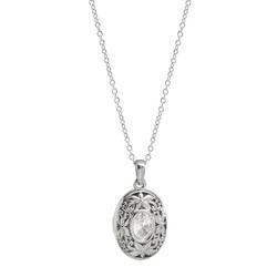 18 In. CZ Oval Locket Silver Plate Necklace