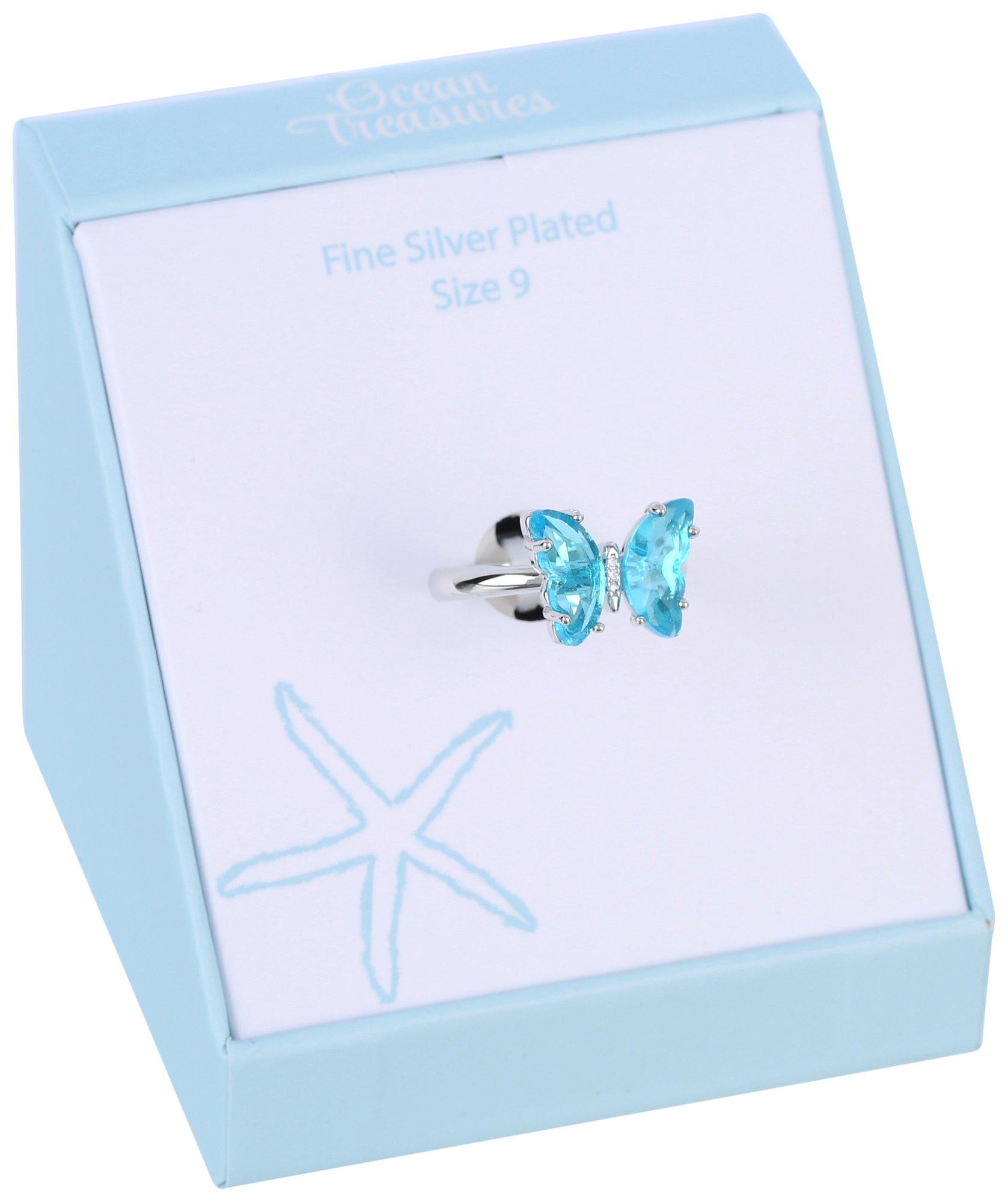 Rhinestone Butterfly Silver Plate Box Ring
