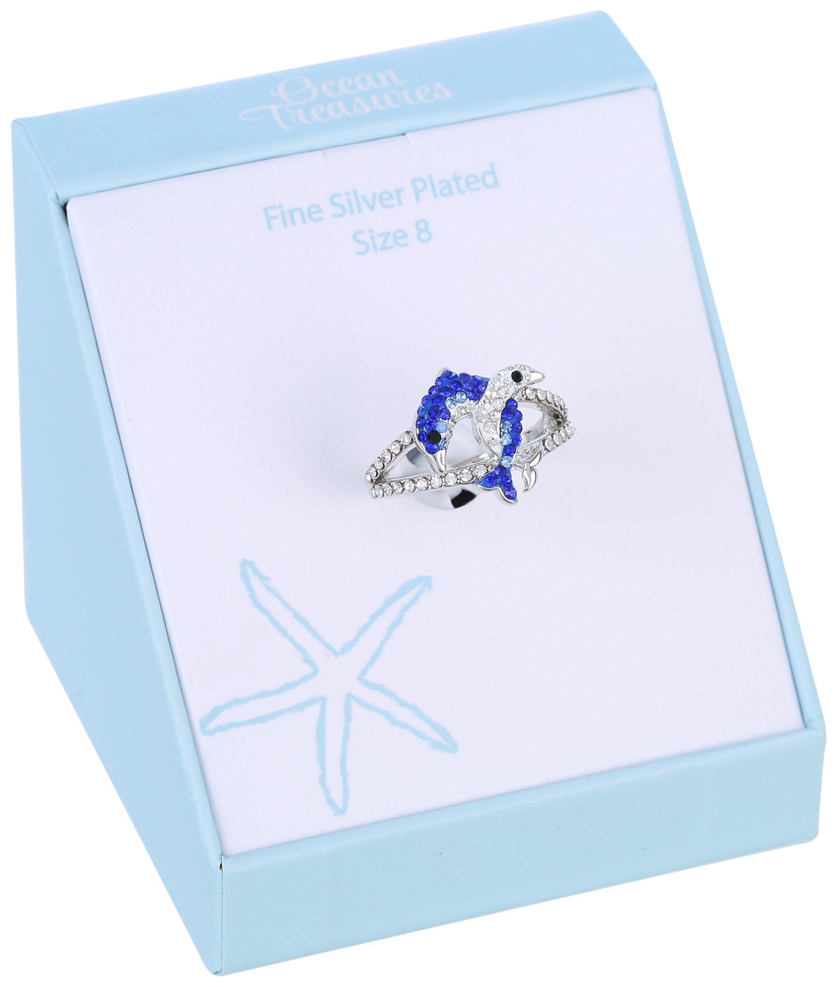 Ocean Treasures Pave Dolphins Silver Plate Box Ring